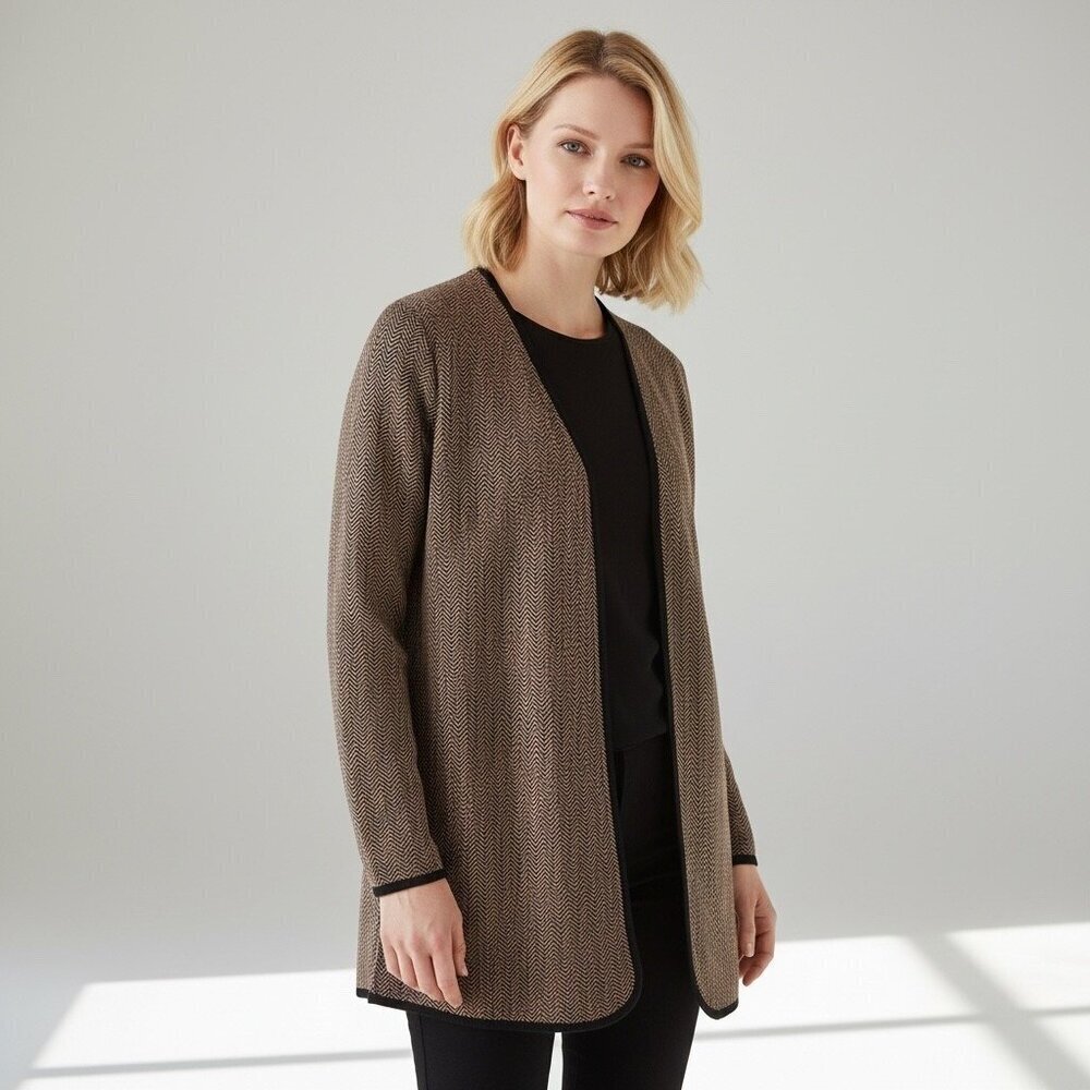 Misook Brown & Black Herringbone Knit Open Front Jacket Cardigan Size MP